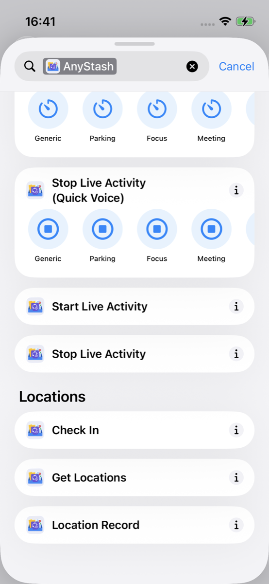 Shortcuts Add Action search for AnyStash showing Start Live Activity