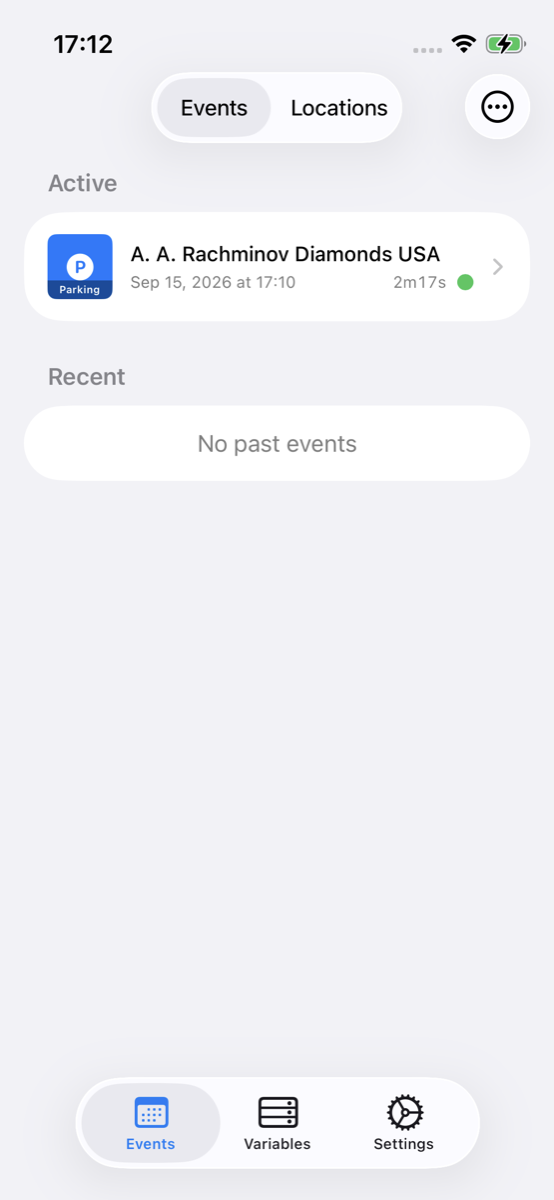 AnyStash Events tab showing an in-progress Parking session