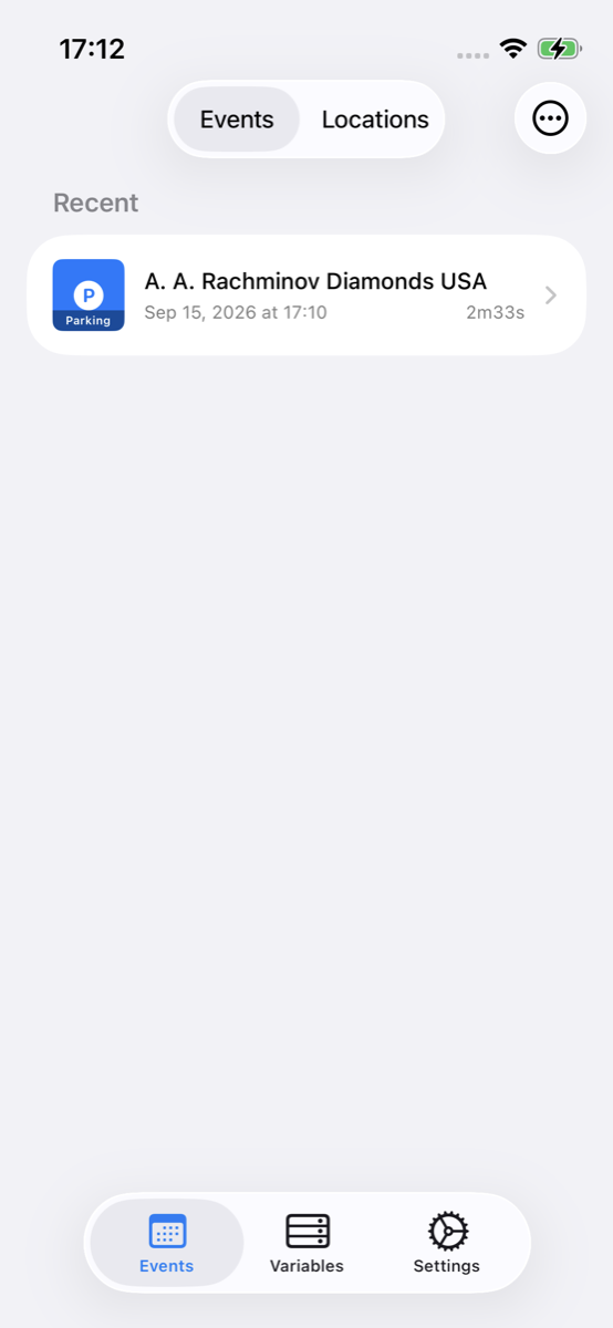 AnyStash Events tab showing a finished Parking session