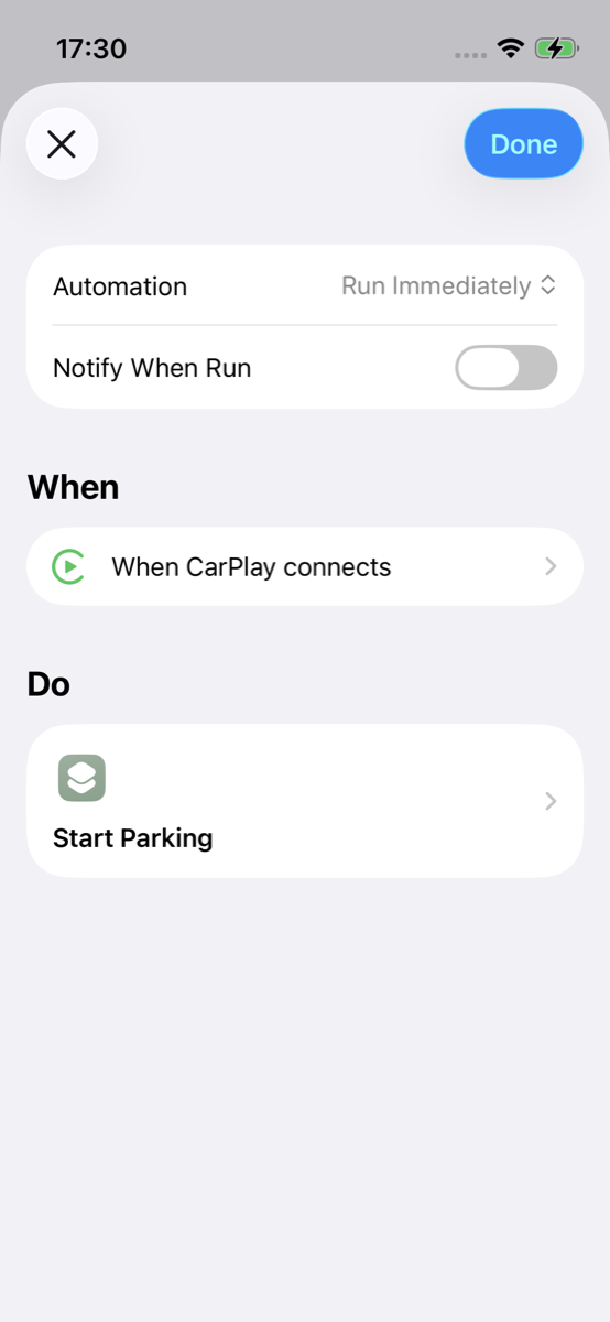 Automation When CarPlay connects running Start Parking via Run Shortcut