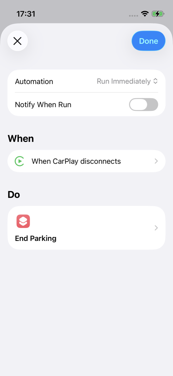 Automation When CarPlay disconnects running End Parking via Run Shortcut