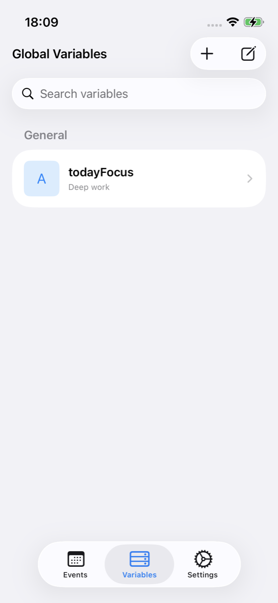 AnyStash Variables tab showing todayFocus under General